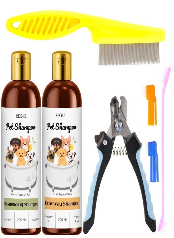 مجموعة ريجيس للعناية بالحيوانات الأليفة مع شامبو لإزالة الشعر الزائد، وشامبو مضاد للحكة، ومقص أظافر، وأمشاط، 200 مل، للكلاب والقطط (عبوة من 5 قطع) - Image 1